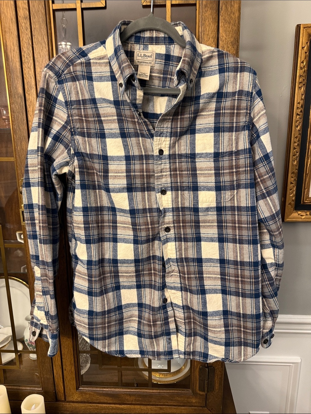 L.L. Bean Men’s Blue, Brown & White Plaid Button-Down Shirt